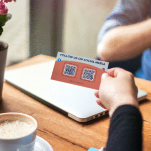 Person holding a Local Insights QR code business card with links to follow the brand on social media, designed to grow online visibility.